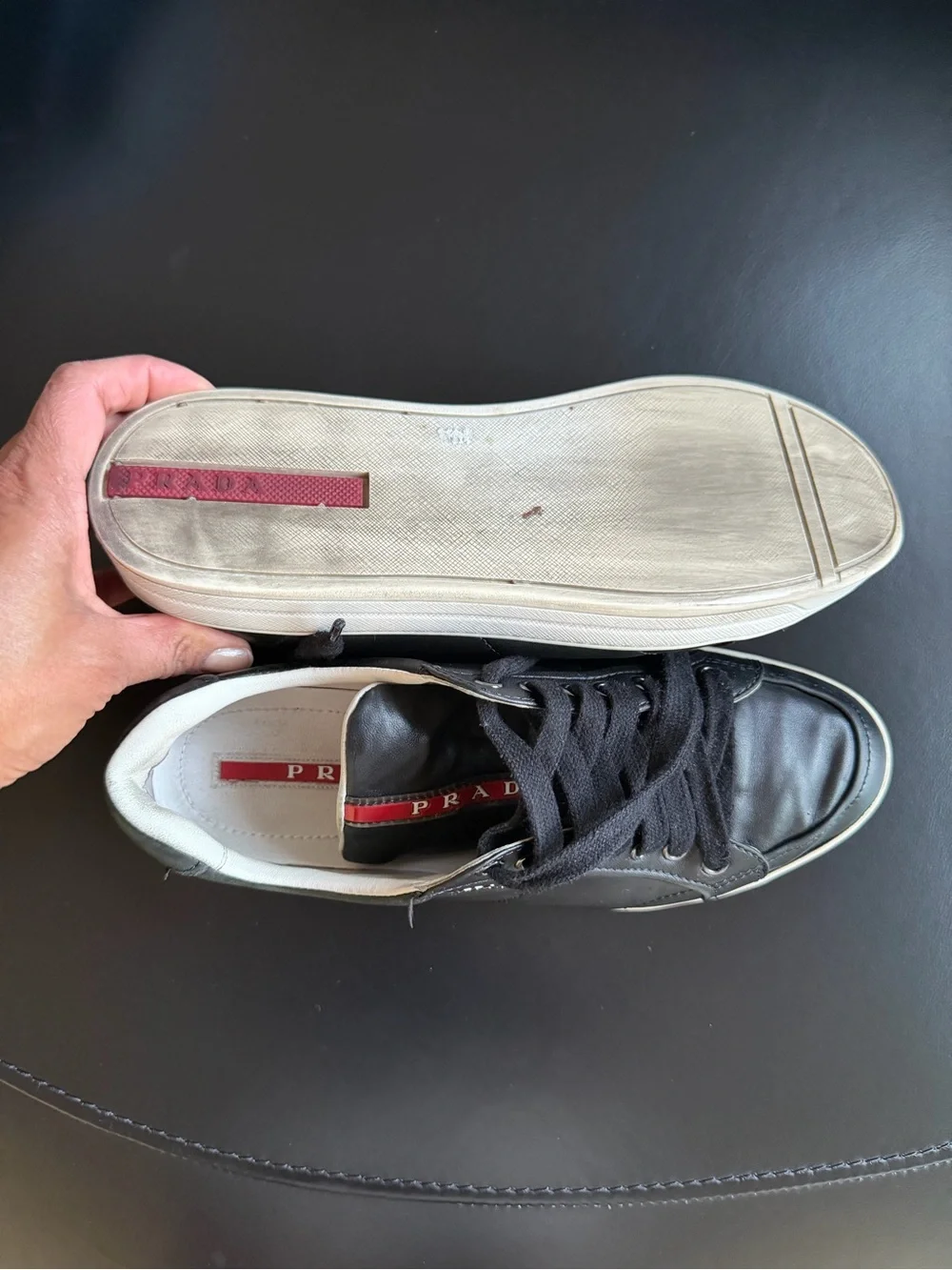 Prada Black Leather Low-Top Sneakers with White Trim